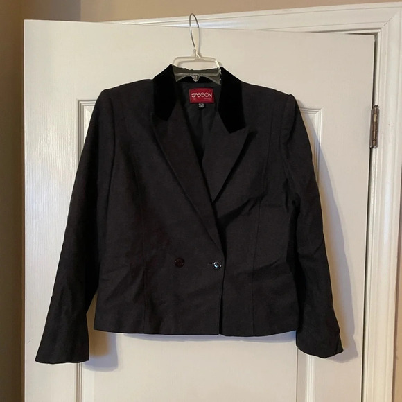 Vintage Sasson 80s Velvet Collar Gray Cropped Wool Blazer Jacket Women’s 12/13 - Picture 1 of 11